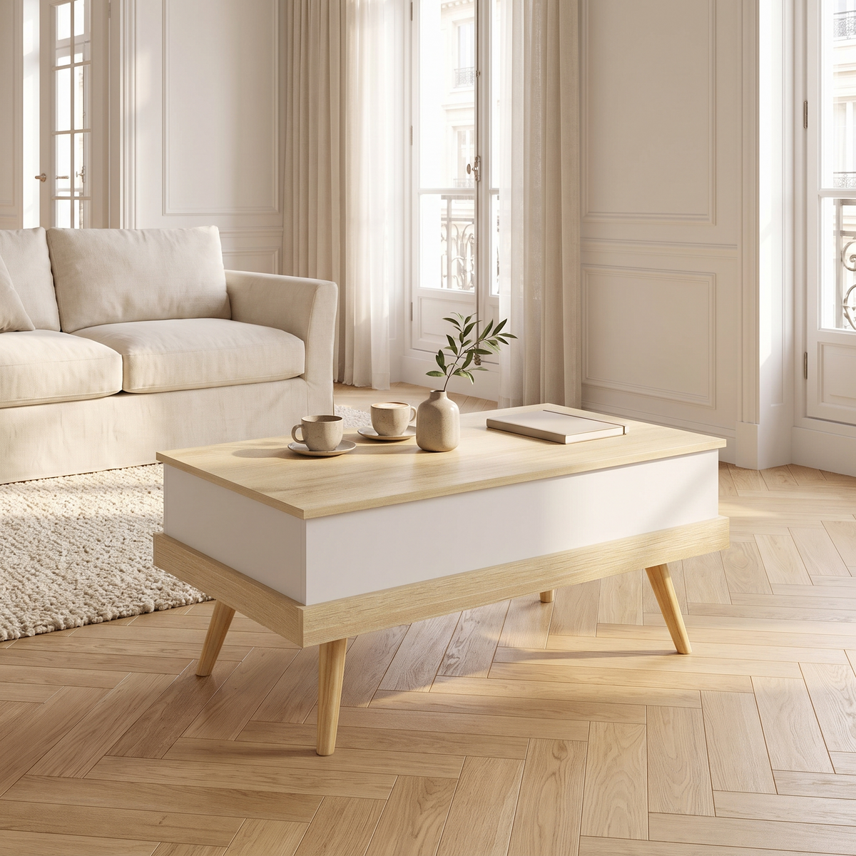 Table basse relevable scandinave avec trois rangements cachés dans un intérieur