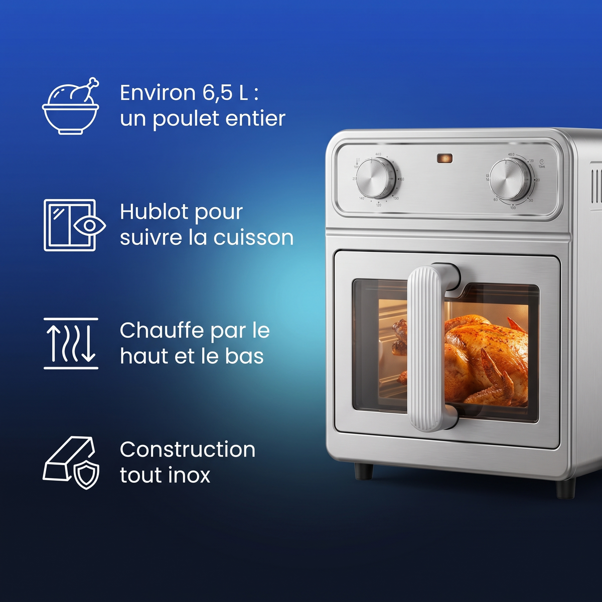 Friteuse sans huile en inox avec hublot, 6,5 litres : points forts