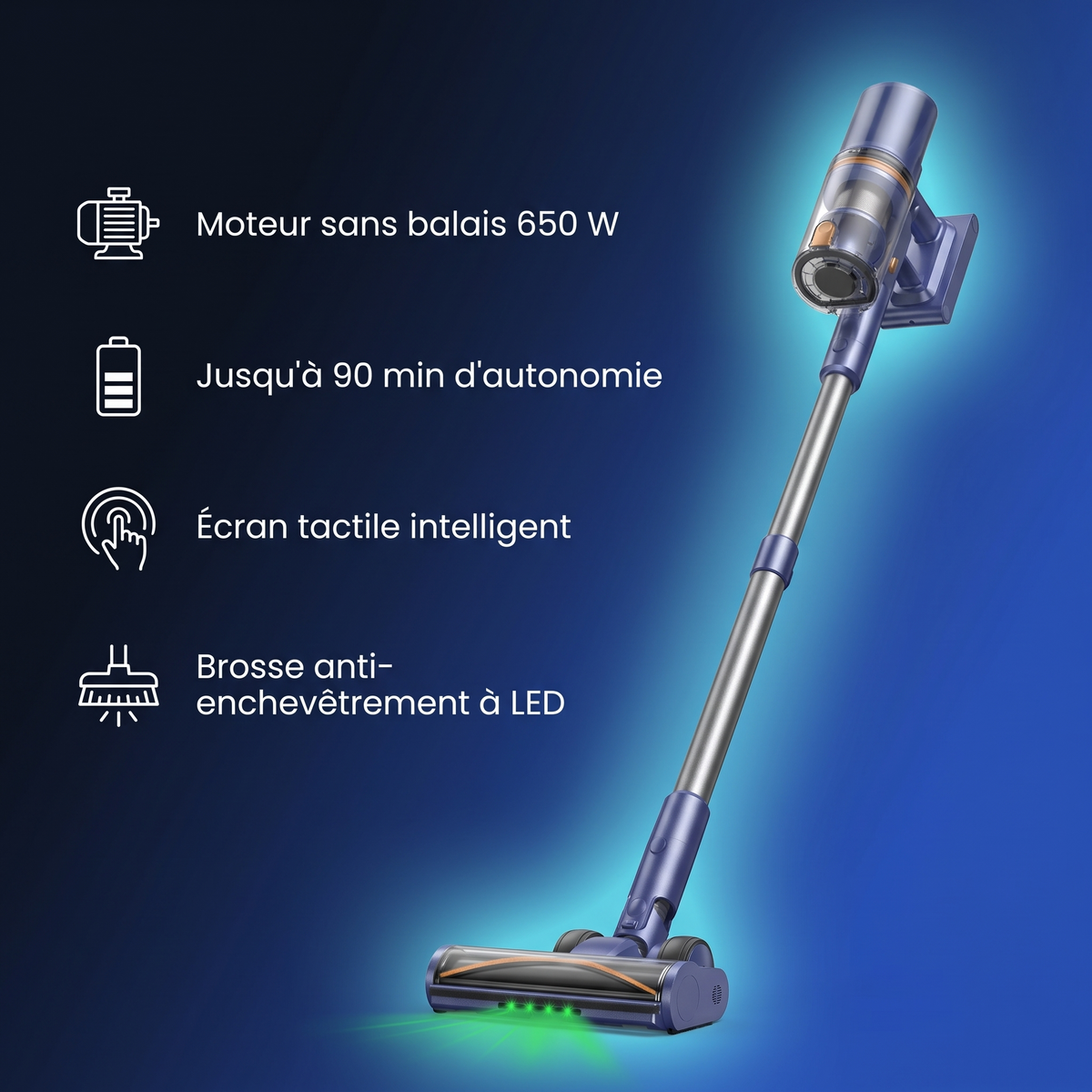 Aspirateur balai sans fil 650 W avec écran tactile : points forts