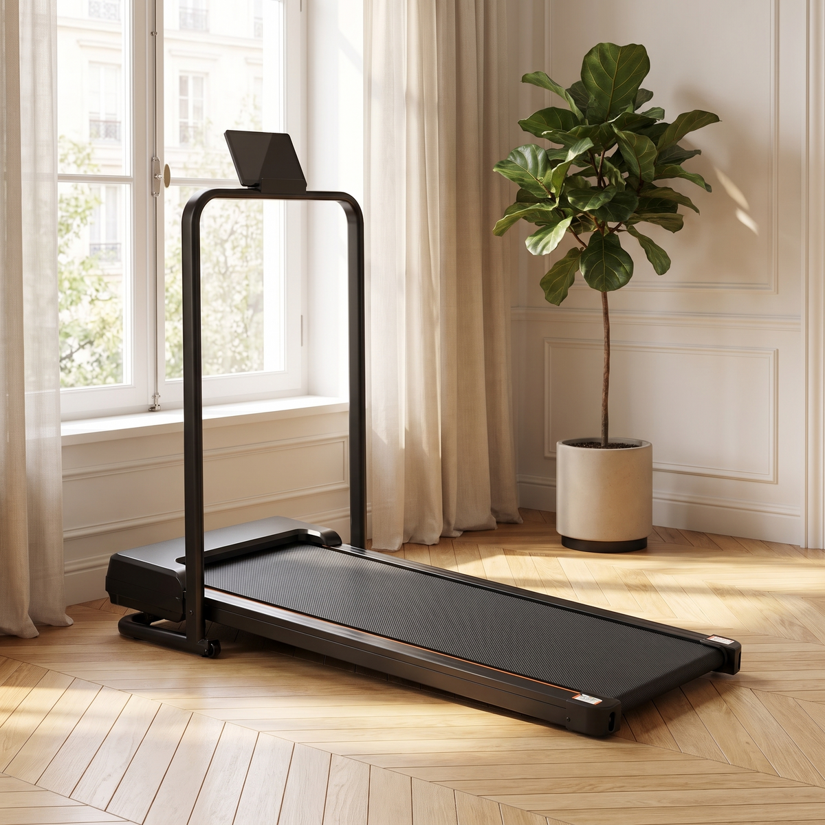 Tapis de course pliable avec inclinaison 9 % et application dans un intérieur