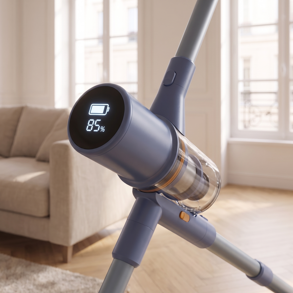 Aspirateur balai sans fil 650 W avec écran tactile, vue de détail